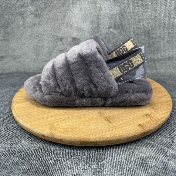 UGG Fluff Yeah Slide Shoes Youth Size 5 Gray Fuzzy Slingback Slippers 1116492K - Picture 4 of 9